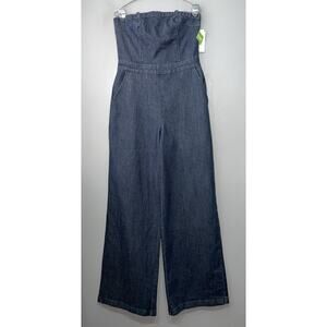 Love Fire Denim Strapless Jumpsuit Size Large Wide Leg Blue Jean Preppy Chic